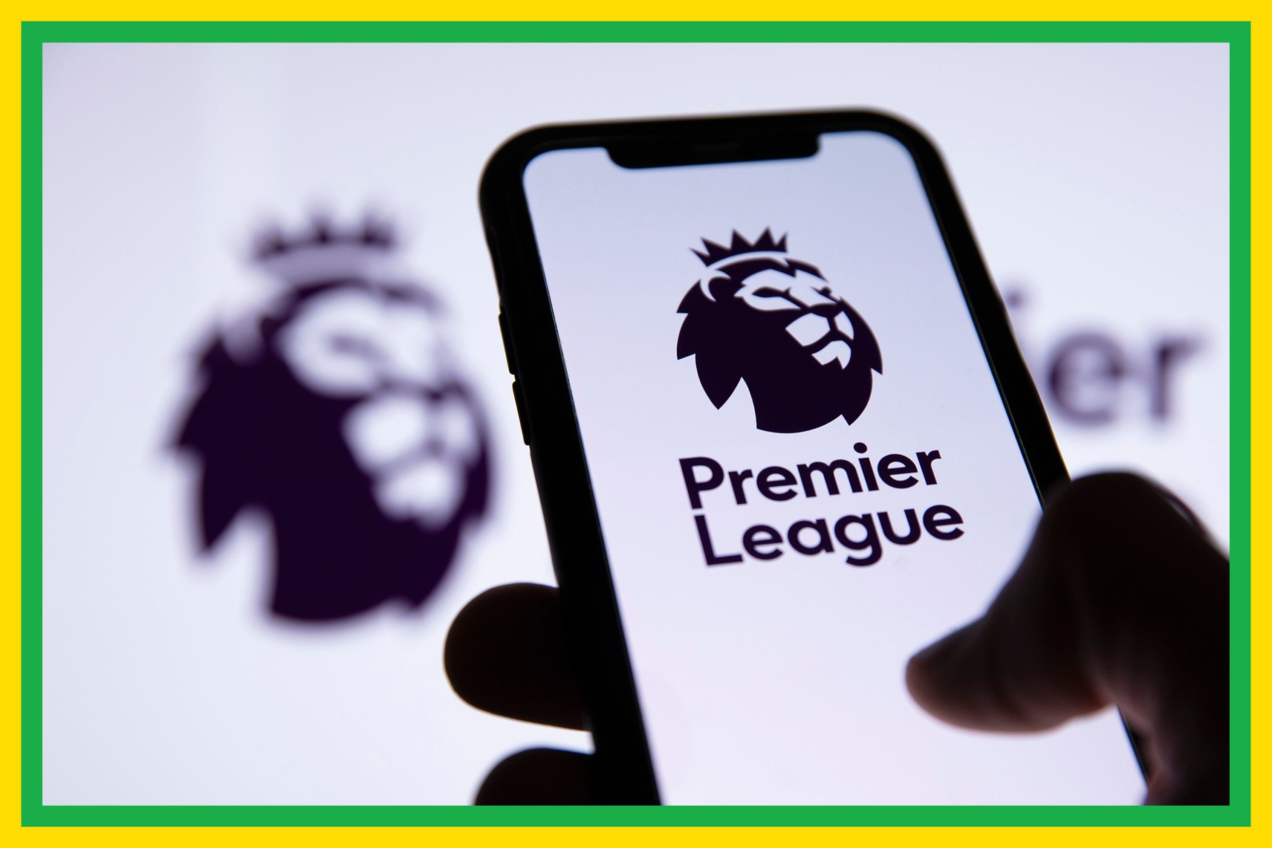A hand holding a smart phone with a premier league logo on it, with the premier league logo in the background, with a yellow and green boarder arou...