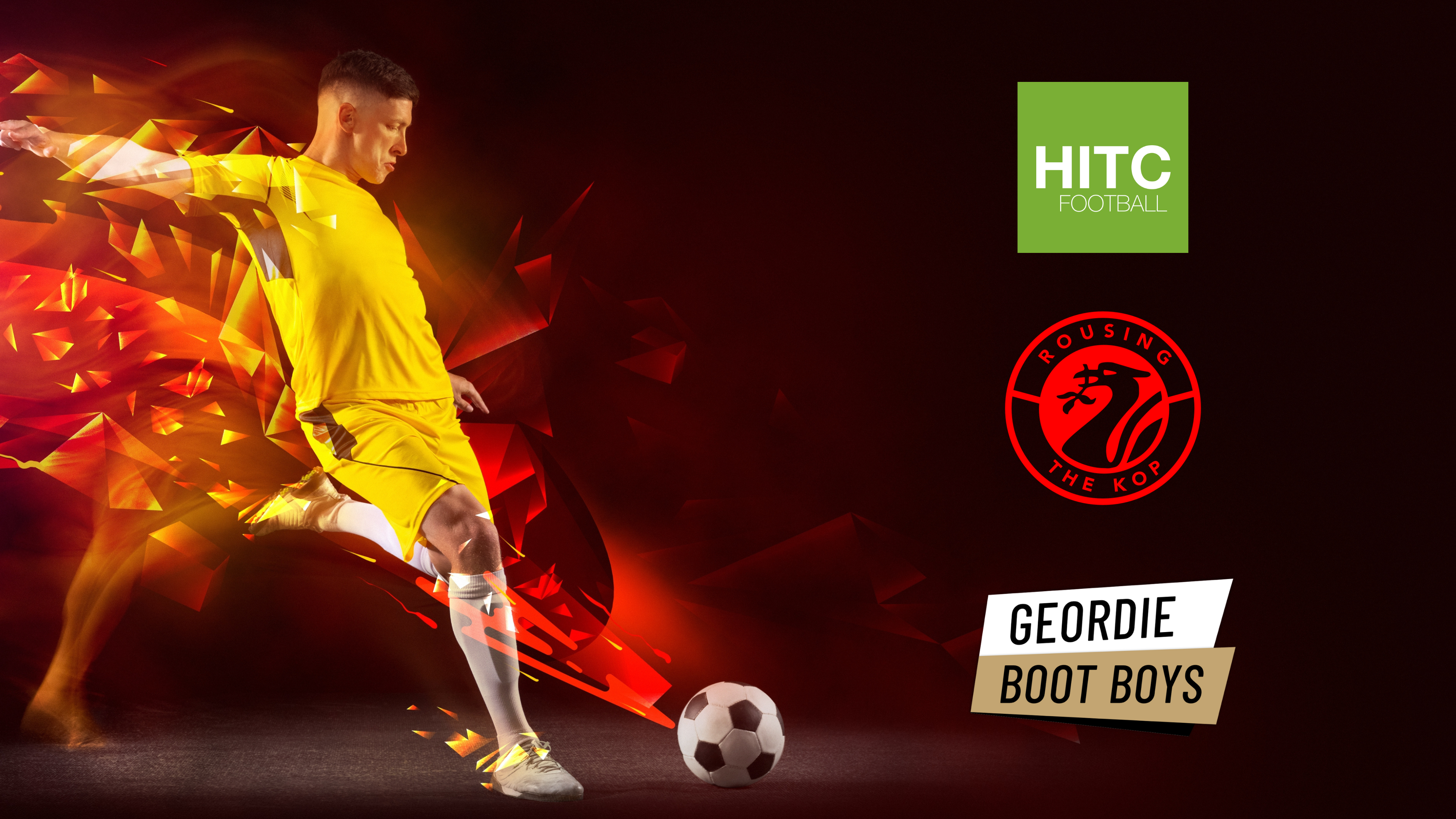 Goal. Creative artwork with soccer, football player in motion and action with ball isolated on dark background with polygonal and fluid neon elemen...