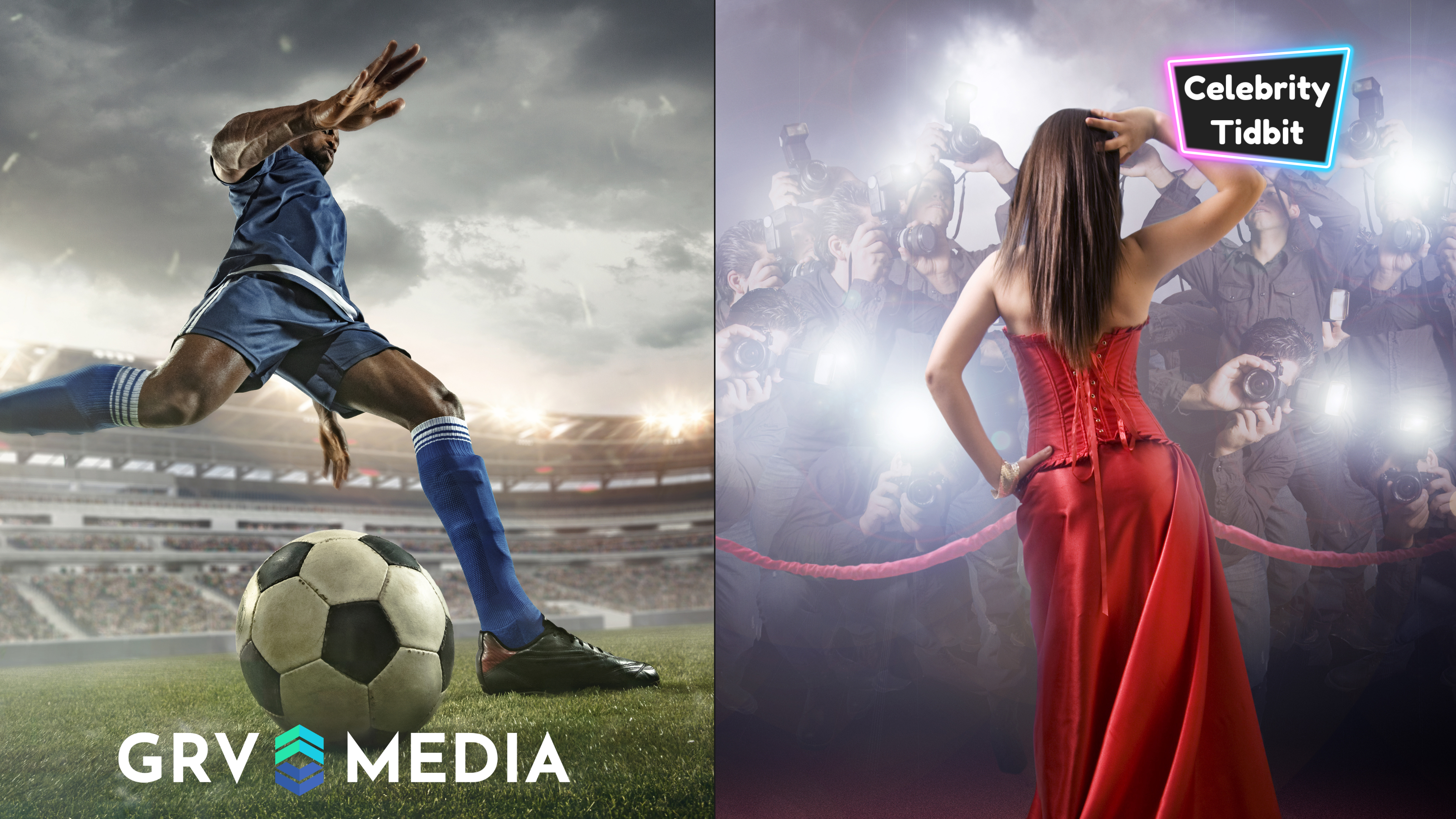 Professional football or soccer player in action on stadium with flashlights, kicking ball for winning goal, wide angle. Concept of sport, competit...