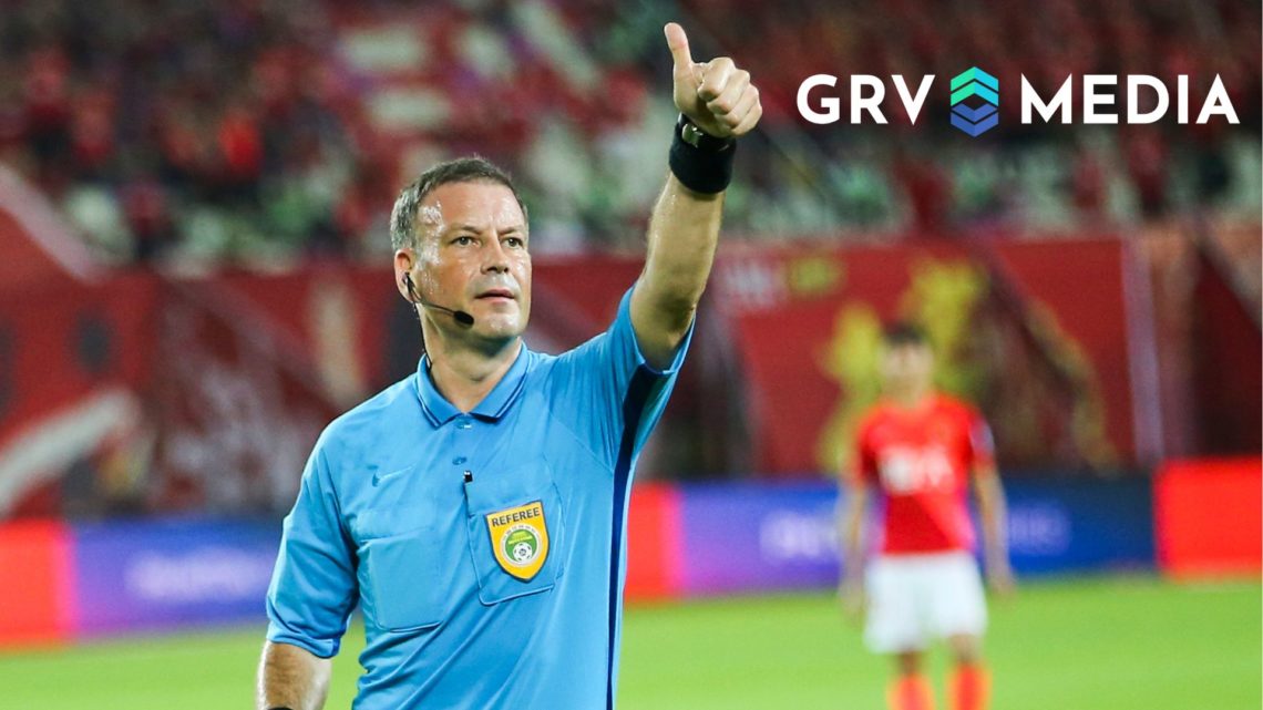 Referee Mark Clattenburg in action during the 2019 Chinese Football Association. Overlaid, the GRV Media logo.