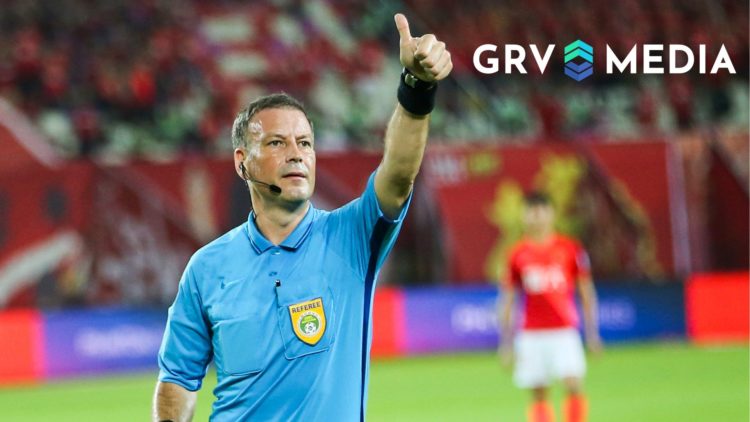 Referee Mark Clattenburg in action during the 2019 Chinese Football Association. Overlaid, the GRV Media logo.