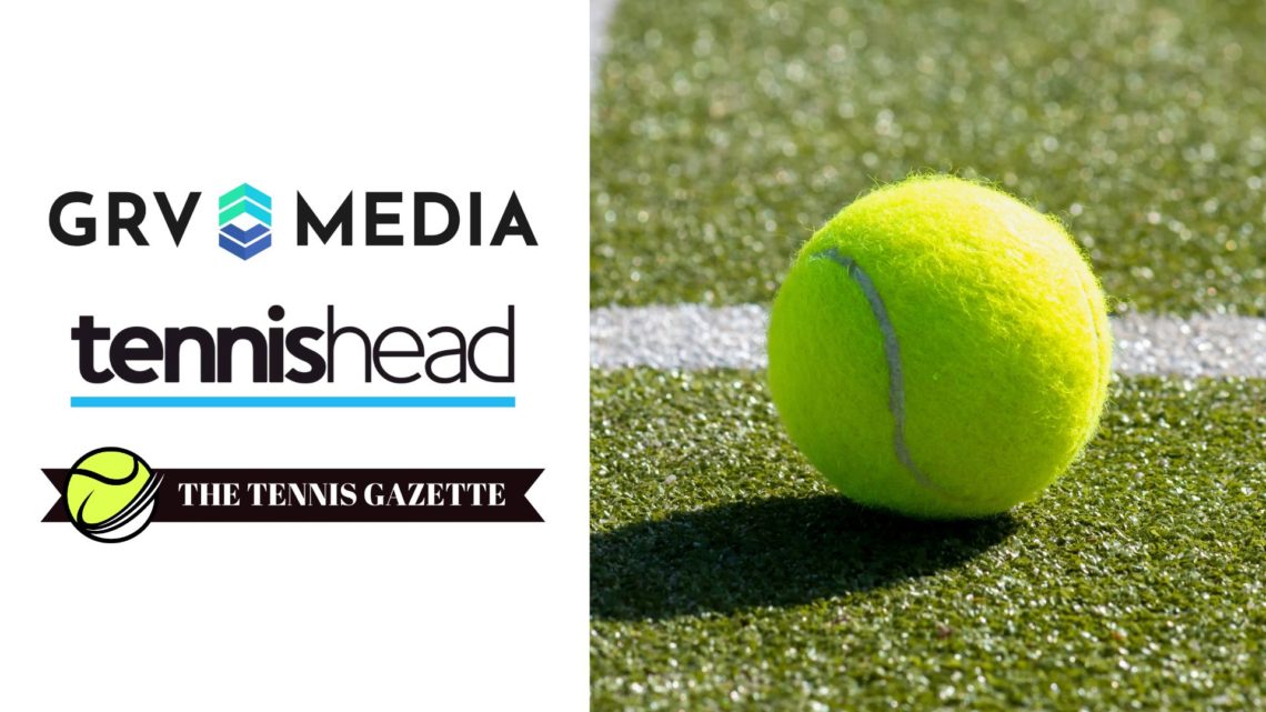 A split image showing the logos of GRV Media, Tennishead, and The Tennis Gazette on the left, and a singular tennis ball on the court on the right.