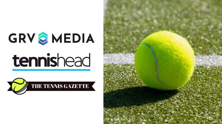 A split image showing the logos of GRV Media, Tennishead, and The Tennis Gazette on the left, and a singular tennis ball on the court on the right.