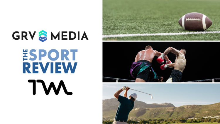 Split image of the GRV Media, The Sport Review, and The Writer Lab logos, and three images showing a man golfing, two men boxing, and an American f...