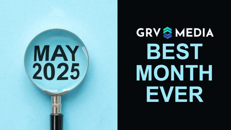 A magnifying glass held over the words "May 2025". To the right of the image, the phrase "Best Month Ever" on a black background.