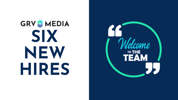 Split image. On the left, the text "Six new hires" beneath the GRV Media logo. On the right, a graphic of the text "Welcome to the team" inside a b...