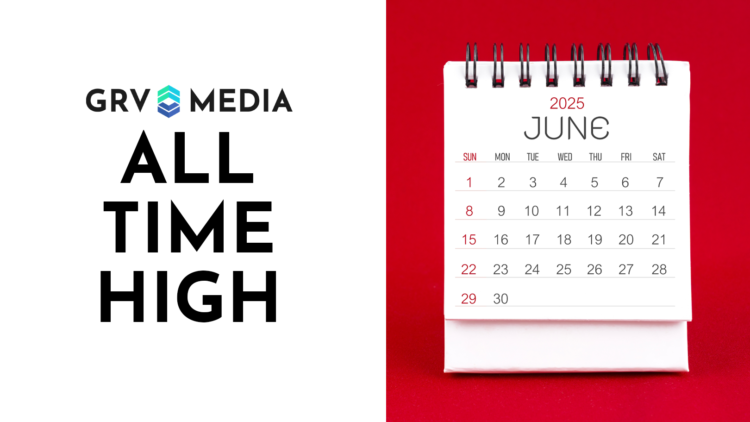 A white desk calendar showing June 2025 sits on a red background. To the left of it, the words "All Time High" beneath the GRV Media logo.