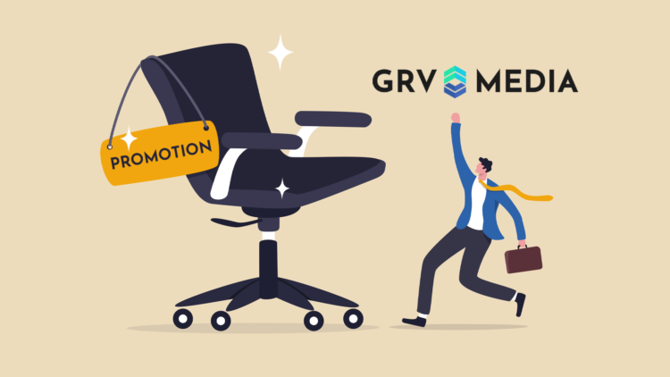 A cartoon vectorised man approaches a larger desk chair. Hanging over the desk chair is a sign with the word "PROMOTION" on it. Above the man's han...